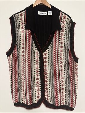 White Stag Sleeveless Knit Button Up Vest in Black, Red & Cream